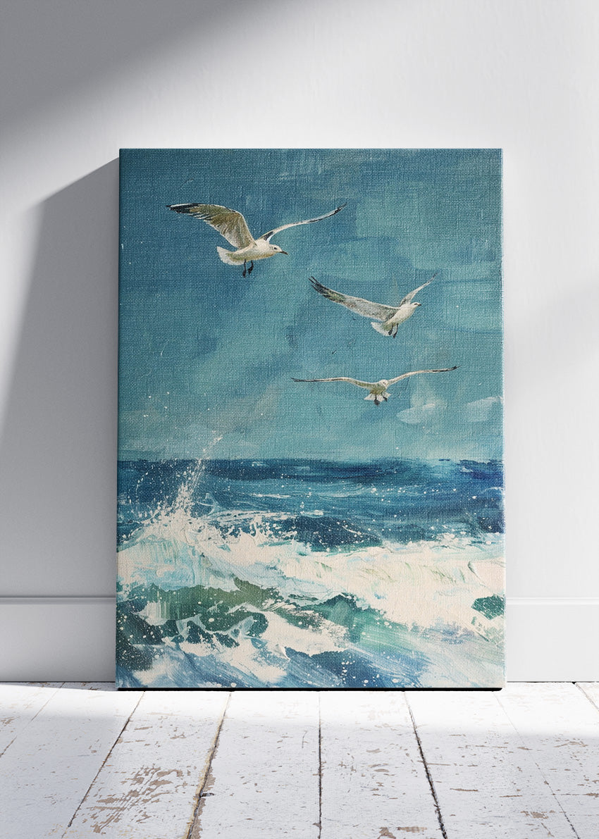 Seagulls Over Ocean Canvas Print & Poster – Coastal Sea Wall Art