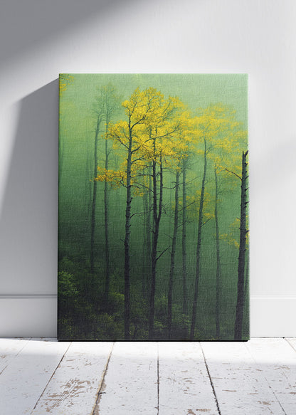 Misty Green Forest Wall Art – Moody Woodland Canvas Print & Yellow Tree Nature Poster for Living Room Decor UK