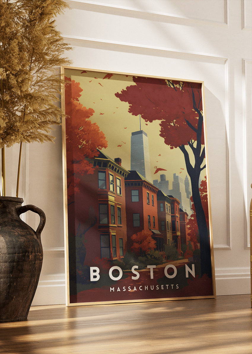 Boston Massachusetts Poster & Canvas Print – Autumn Red Cityscape Illustration