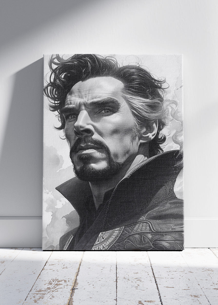Doctor Strange – Monochrome Mystic Portrait Canvas & Poster Print – AI PRINT LAB