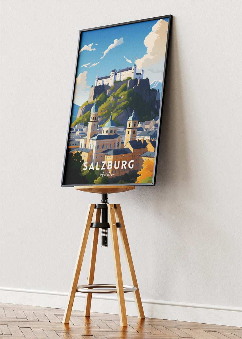 Salzburg Austria Travel Poster & Canvas Wall Art – Fortress & Old Town Landscape Illustration