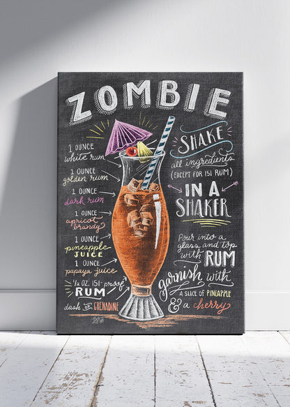 Zombie Vintage Cocktail Recipe Poster & Canvas Print | Chalkboard Tiki Bar Wall Art