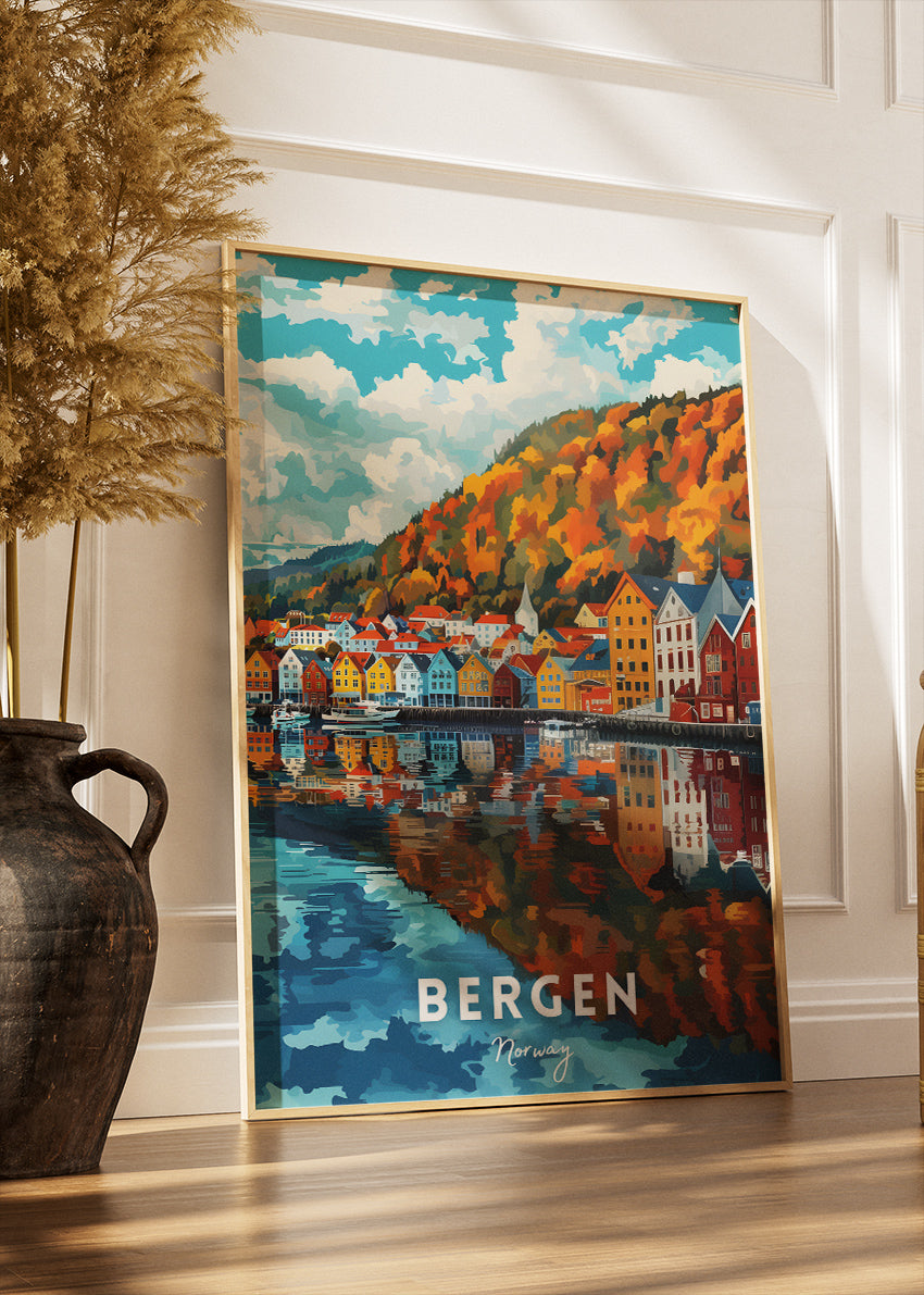 Bergen Norway Poster & Canvas Print – Colorful Waterfront Illustration