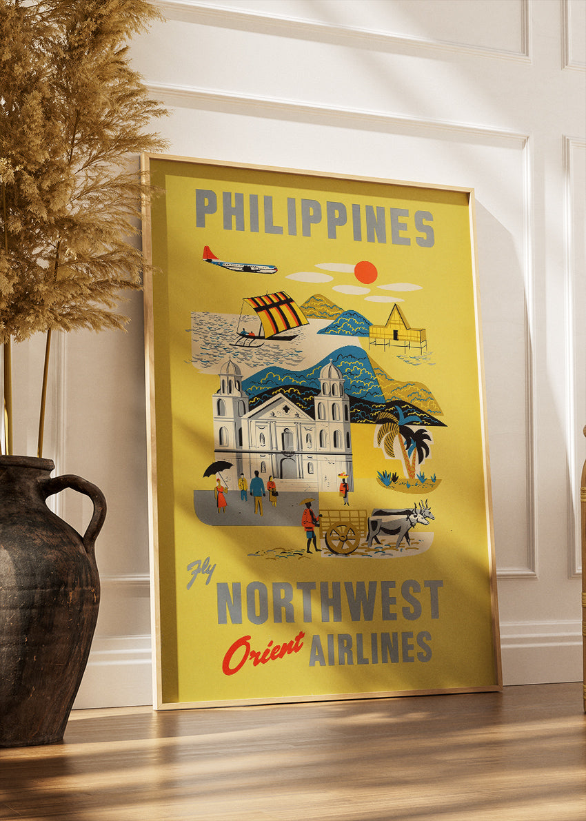 Philippines Vintage Travel Poster & Canvas Print – Northwest Orient Airlines Retro Illustration – Mid-Century Art