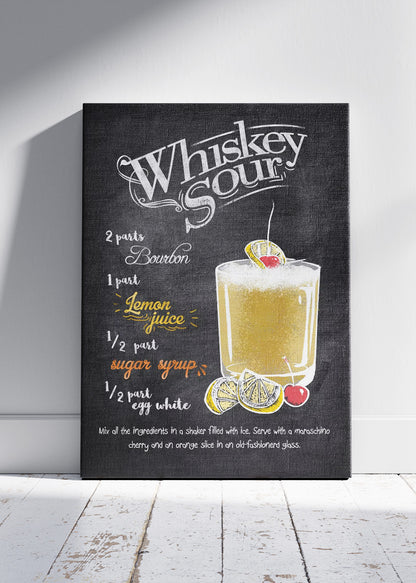 Whiskey Sour Chalkboard Cocktail Poster & Canvas Print – Vintage Bar Recipe Wall Art – AI PRINT LAB