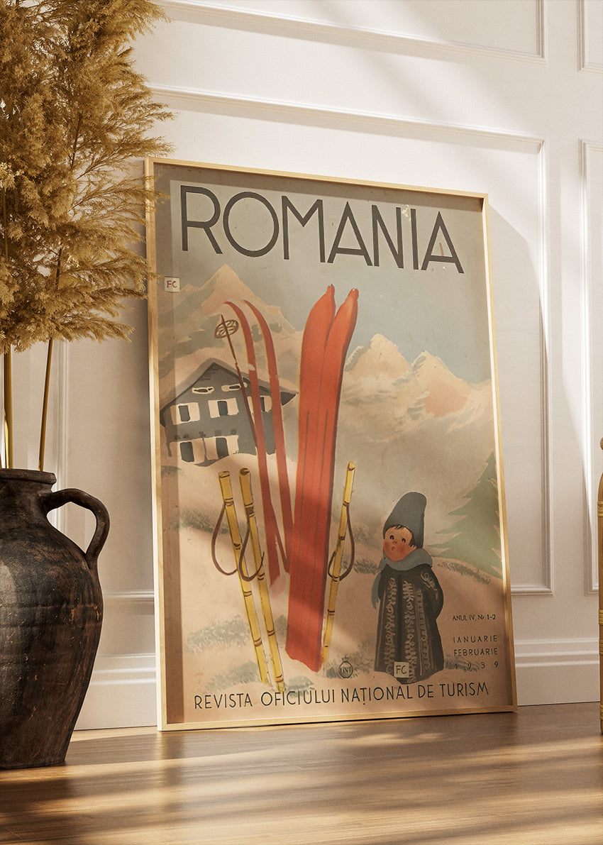 Romania Vintage Ski Poster & Canvas Print – Retro Winter Travel Art