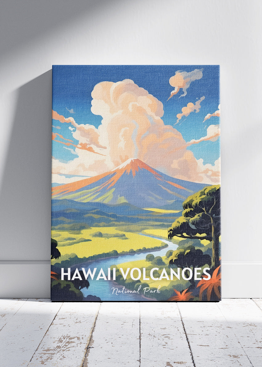 Hawaii Volcanoes National Park Poster & Canvas Print – Illustrated Volcano Landscape Art