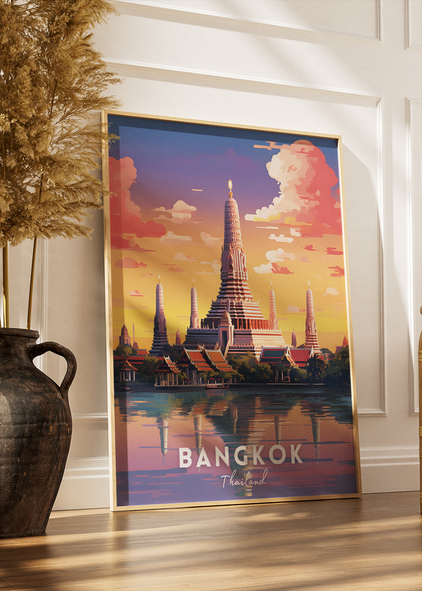 Bangkok Thailand Poster & Canvas Print – Vintage Wat Arun Sunset Travel Art