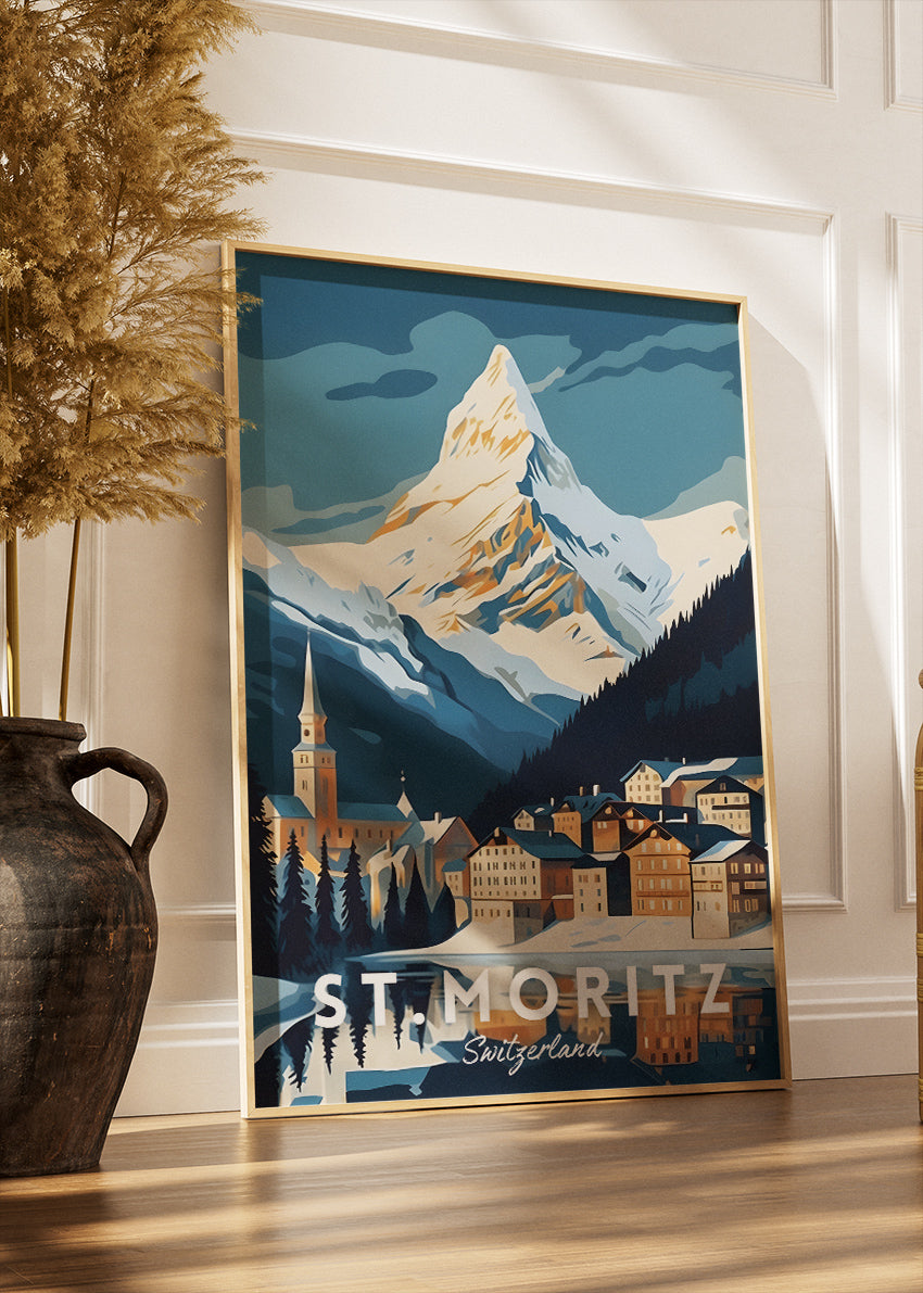 St. Moritz Switzerland Poster & Canvas Print – Illustrated Alpine Mountain Travel Art