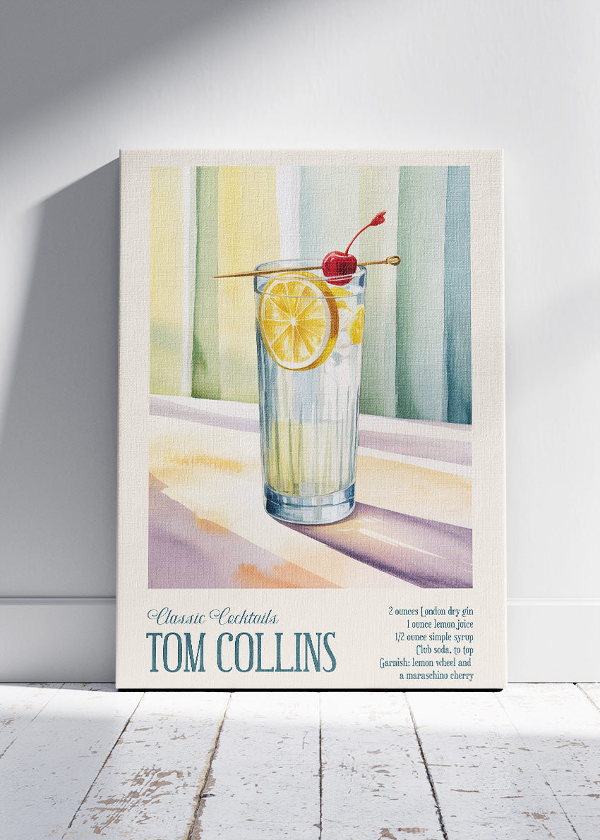 Tom Collins Classic Cocktail Poster & Canvas Print | Vintage Bar Wall Art