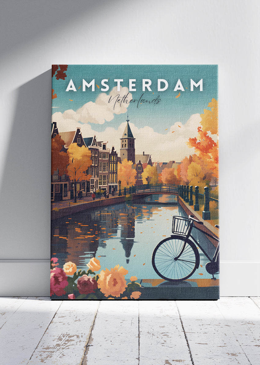 Amsterdam Canal Bridge Poster & Canvas Print – Autumn Flowers Holland Art