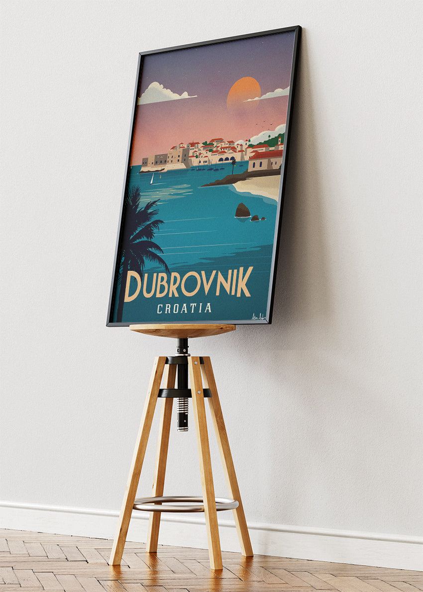 Dubrovnik Croatia Travel Poster & Canvas Print – Sunset Coastal Illustration Wall Art