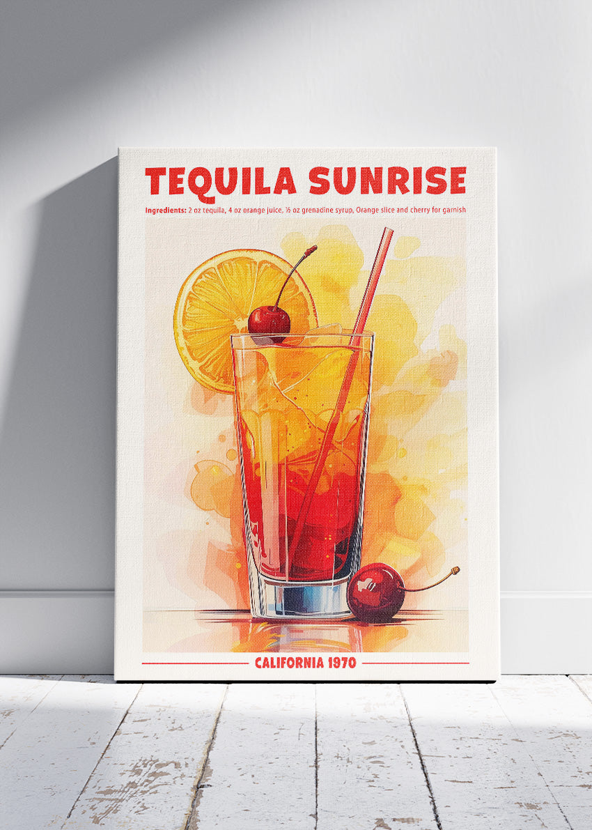 Tequila Sunrise Vintage Cocktail Poster & Canvas Print | Retro Bar Wall Art