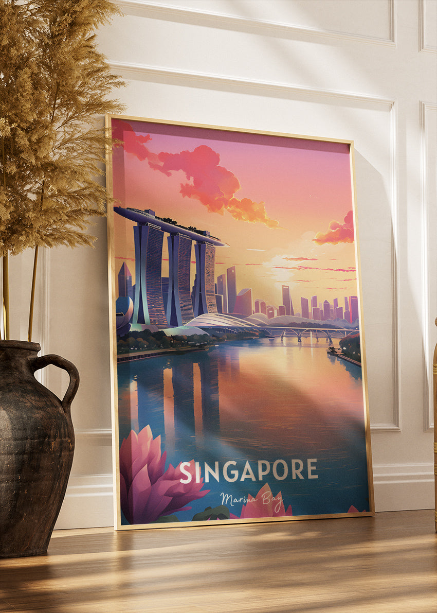 Singapore Marina Bay Poster & Canvas Print – Illustrated Sunset Skyline Art