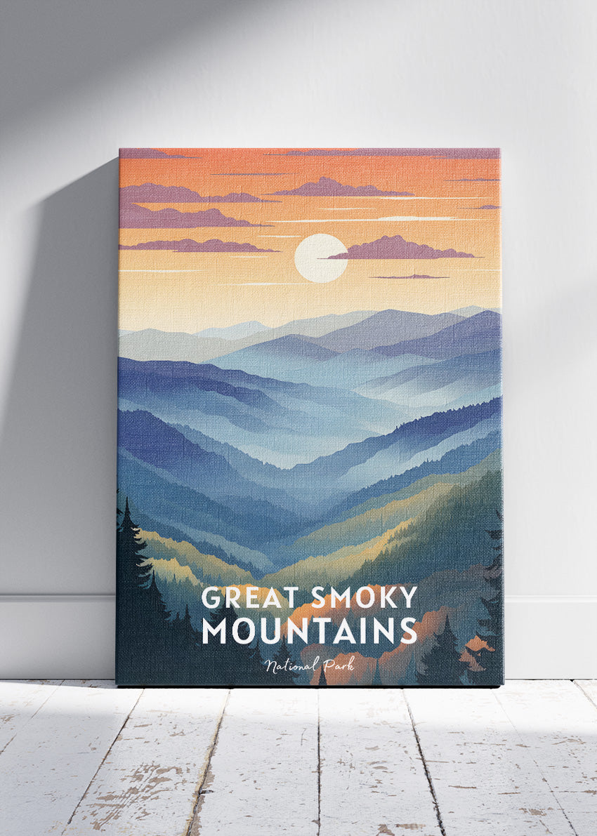 Great Smoky Mountains National Park Travel Poster & Canvas Wall Art – Misty Mountain Landscape Print