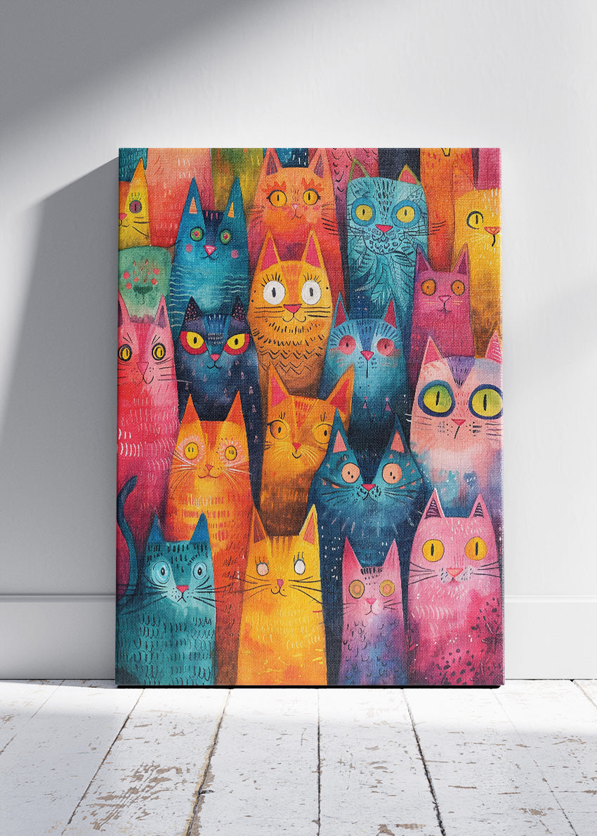 Colourful Cat Crowd Canvas Print & Poster – Playful Cat Wall Art
