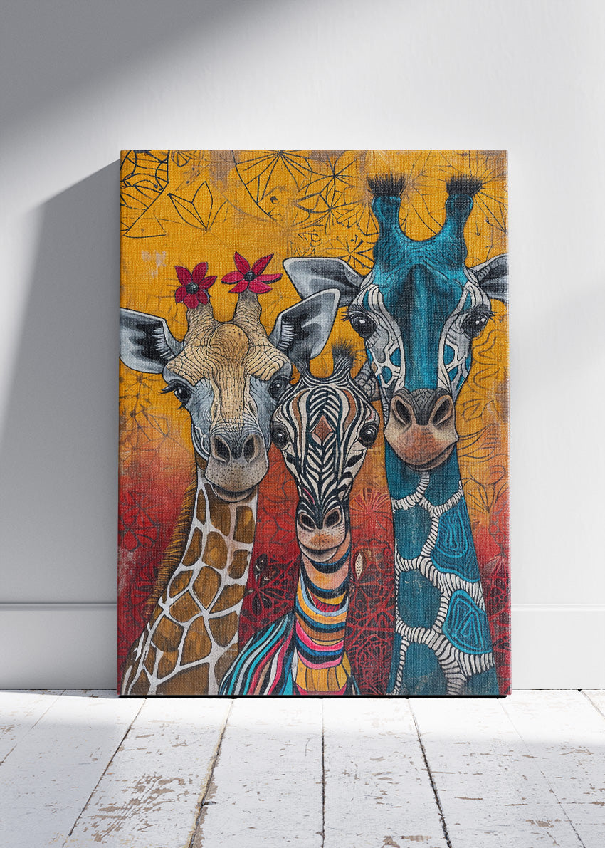 Giraffe & Zebra Trio Canvas Print & Poster – Colourful Safari Wall Art