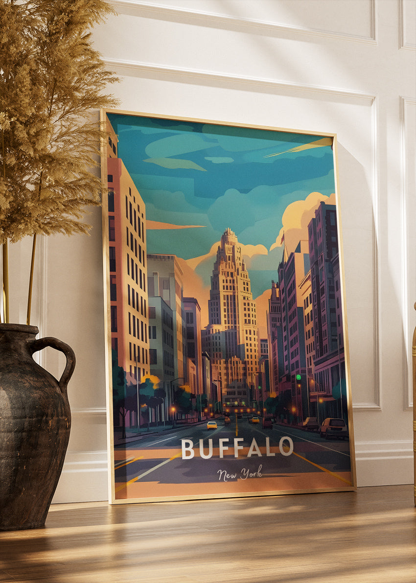 Buffalo New York Poster & Canvas Print – Retro Downtown Cityscape Illustration