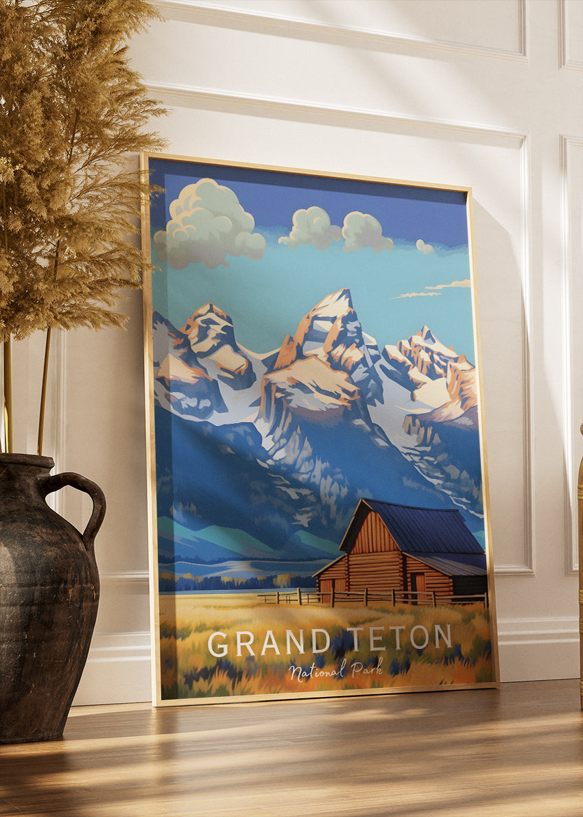 Grand Teton National Park Poster & Canvas Print – Mountain Barn Landscape Illustration Wall Art