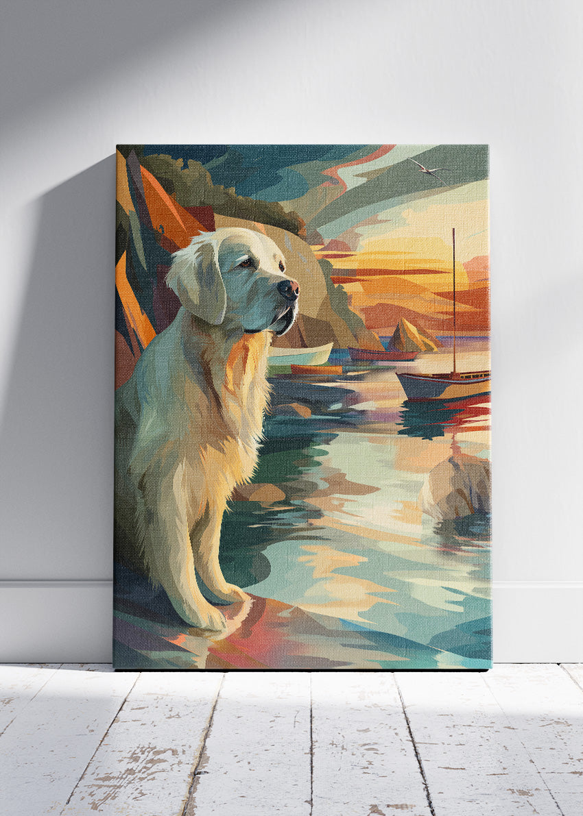 Golden Retriever Sunset Canvas Print & Poster – Coastal Dog Wall Art