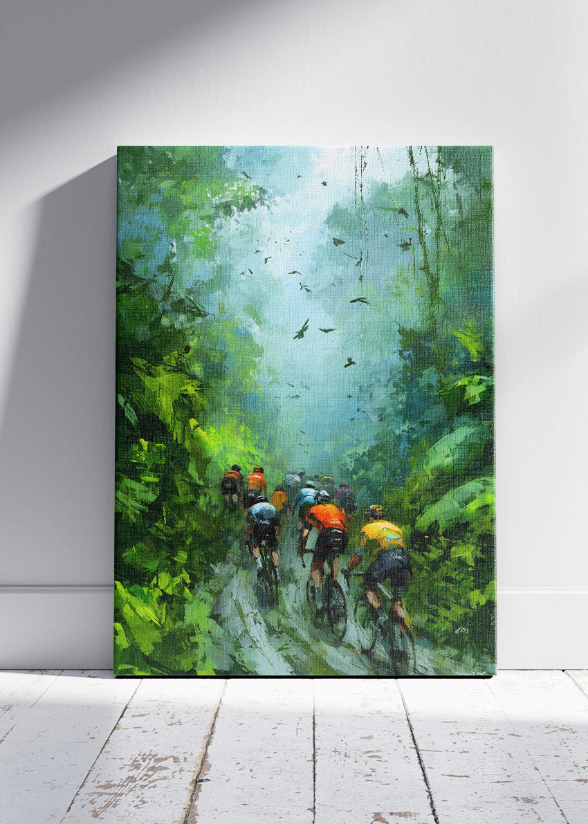 Emerald Canopy Peloton Cycling Art Print & Canvas – Deep Jungle Road Cycling Wall Art
