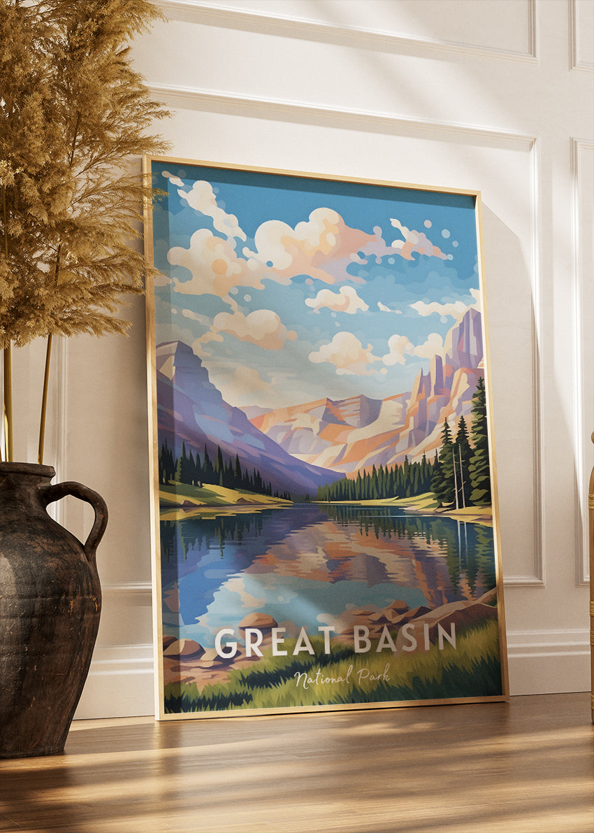 Great Basin National Park Poster & Canvas Print – Mountain Lake Landscape Illustration Wall Art
