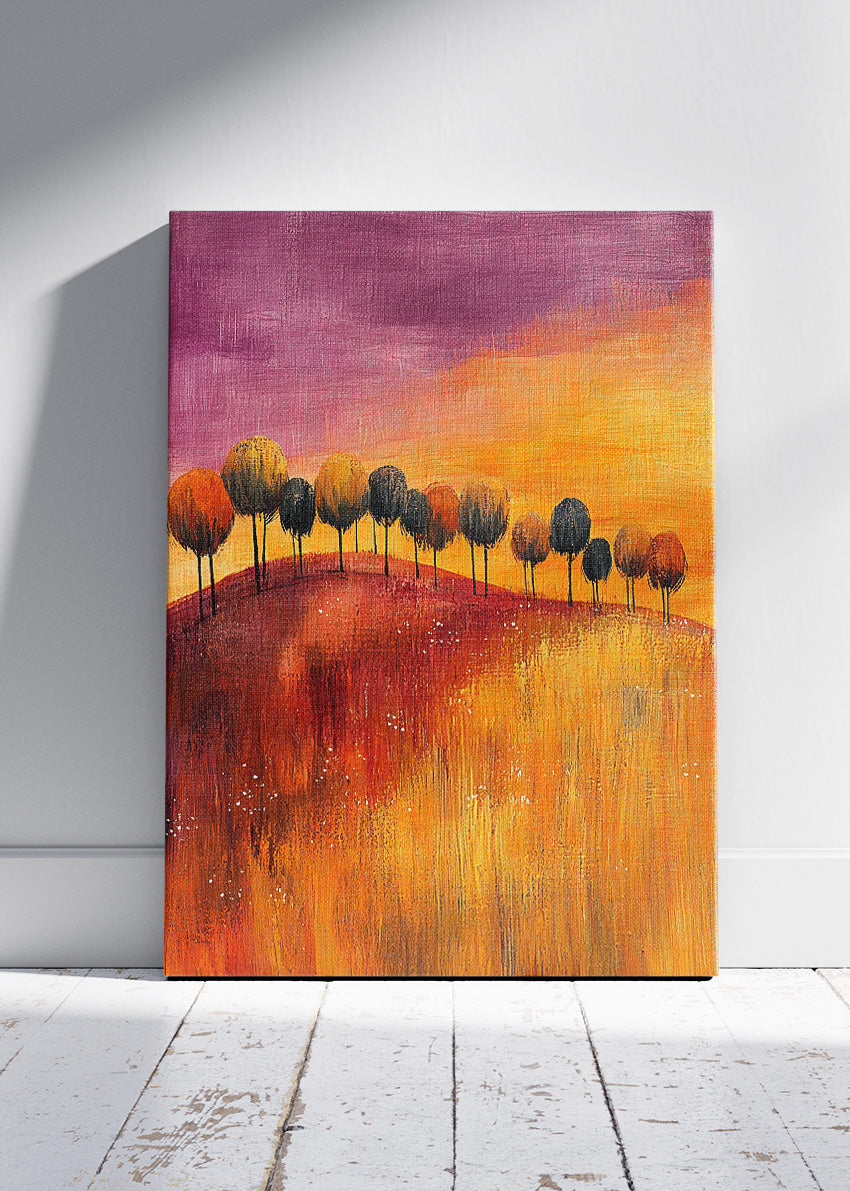 Abstract Sunset Hills Wall Art – Warm Orange Landscape Canvas Print & Modern Minimal Tree Poster for Living Room Decor UK