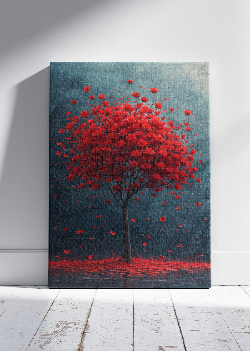 Red Rose Tree Wall Art – Dramatic Floral Canvas Print & Moody Romantic Statement Poster for Living Room Decor UK