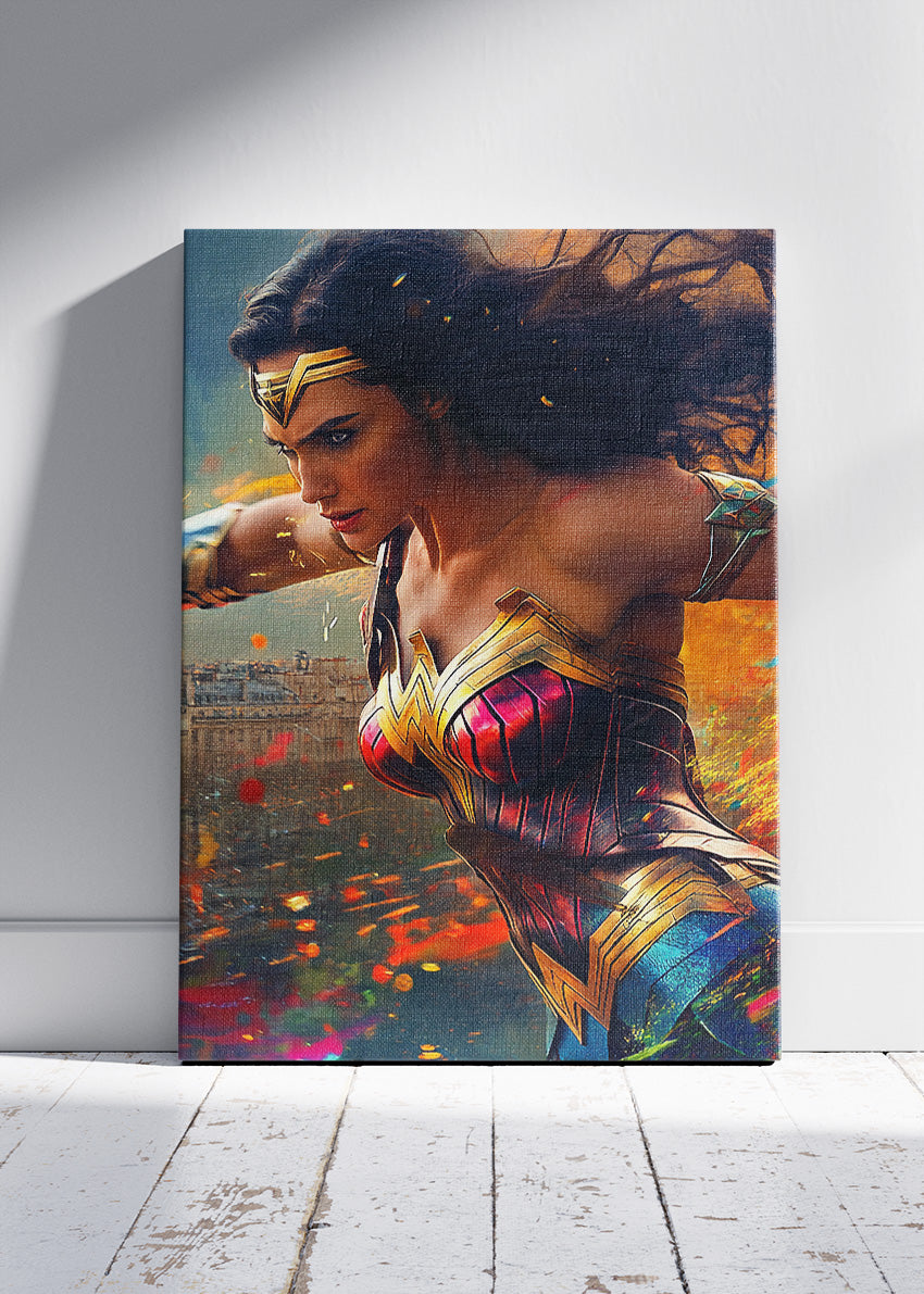 Wonder Woman – Cinematic Action Portrait Canvas & Poster Print – AI PRINT LAB