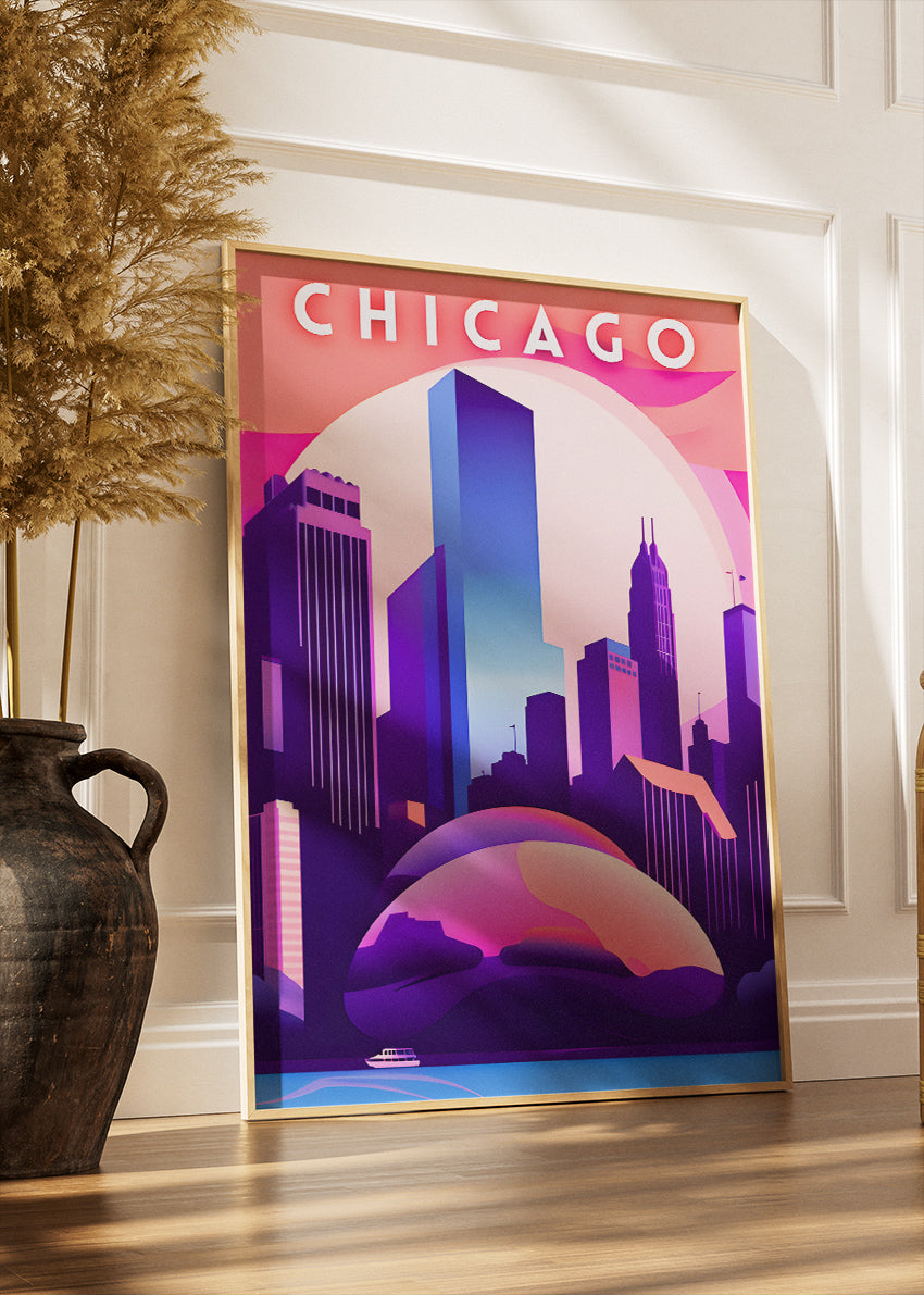 Chicago Illinois Poster & Canvas Print – Neon Skyline Futuristic Illustration