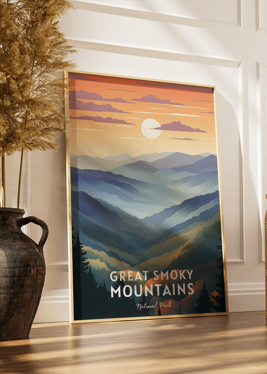 Great Smoky Mountains National Park Poster & Canvas Print – Misty Mountain Sunset Illustration Wall Art