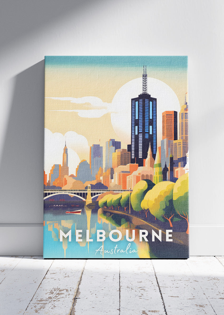 Melbourne Australia Travel Poster & Canvas Wall Art – Sunset City Skyline Print