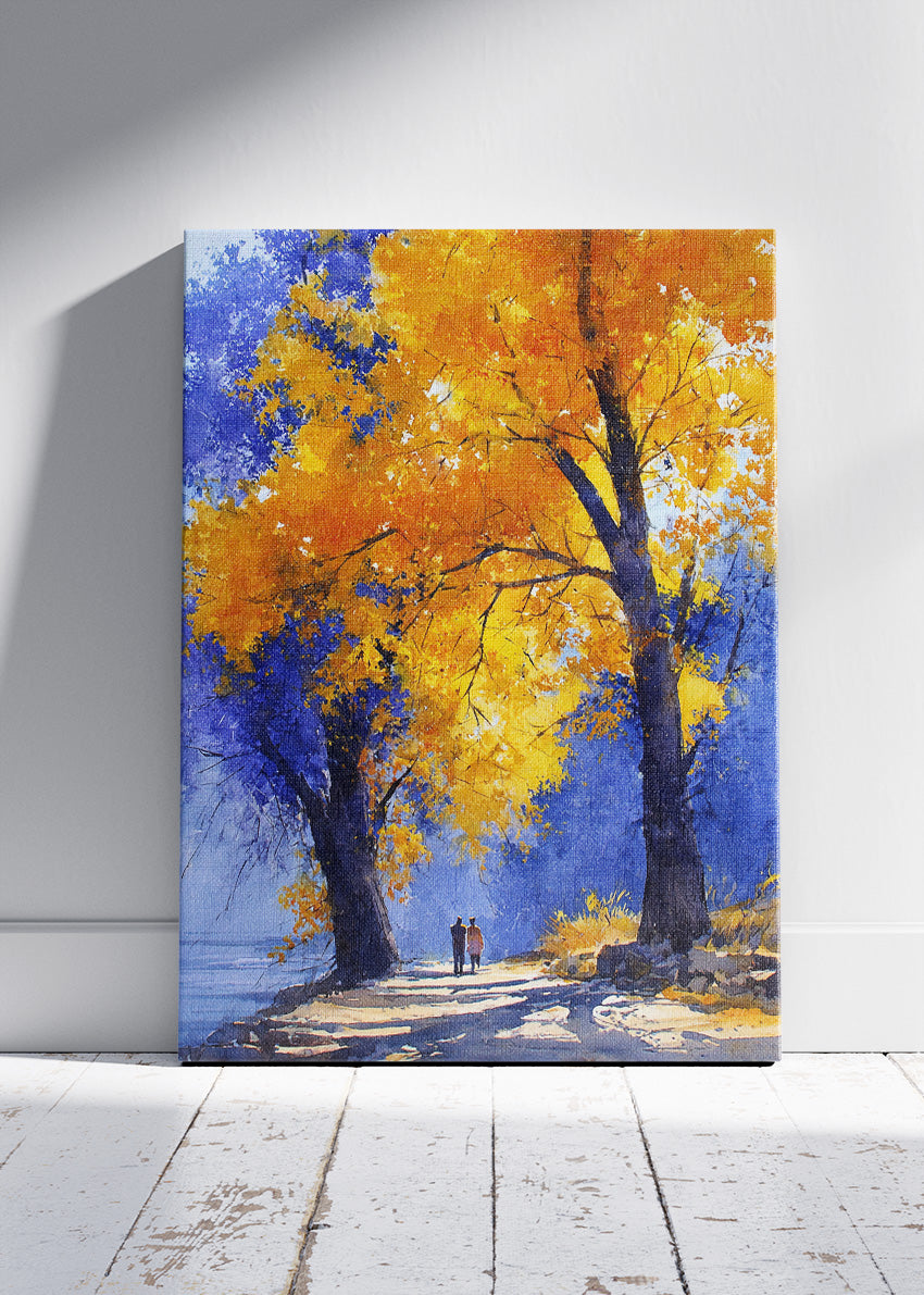Autumn Tree Path Wall Art – Golden Fall Landscape Canvas Print & Romantic Nature Poster for Living Room Decor UK