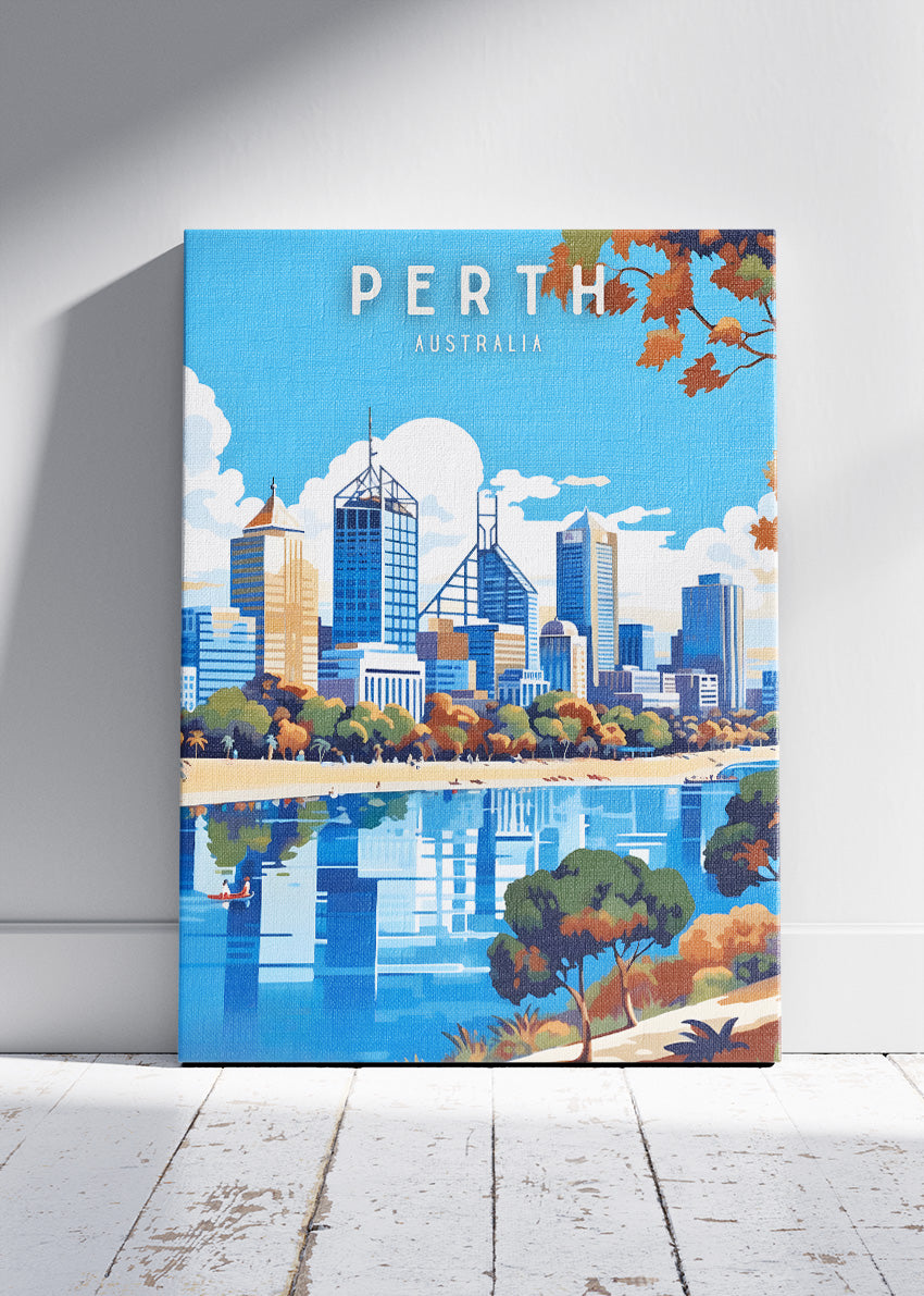 Perth Australia Travel Poster & Canvas Wall Art – Modern Skyline Illustration Print