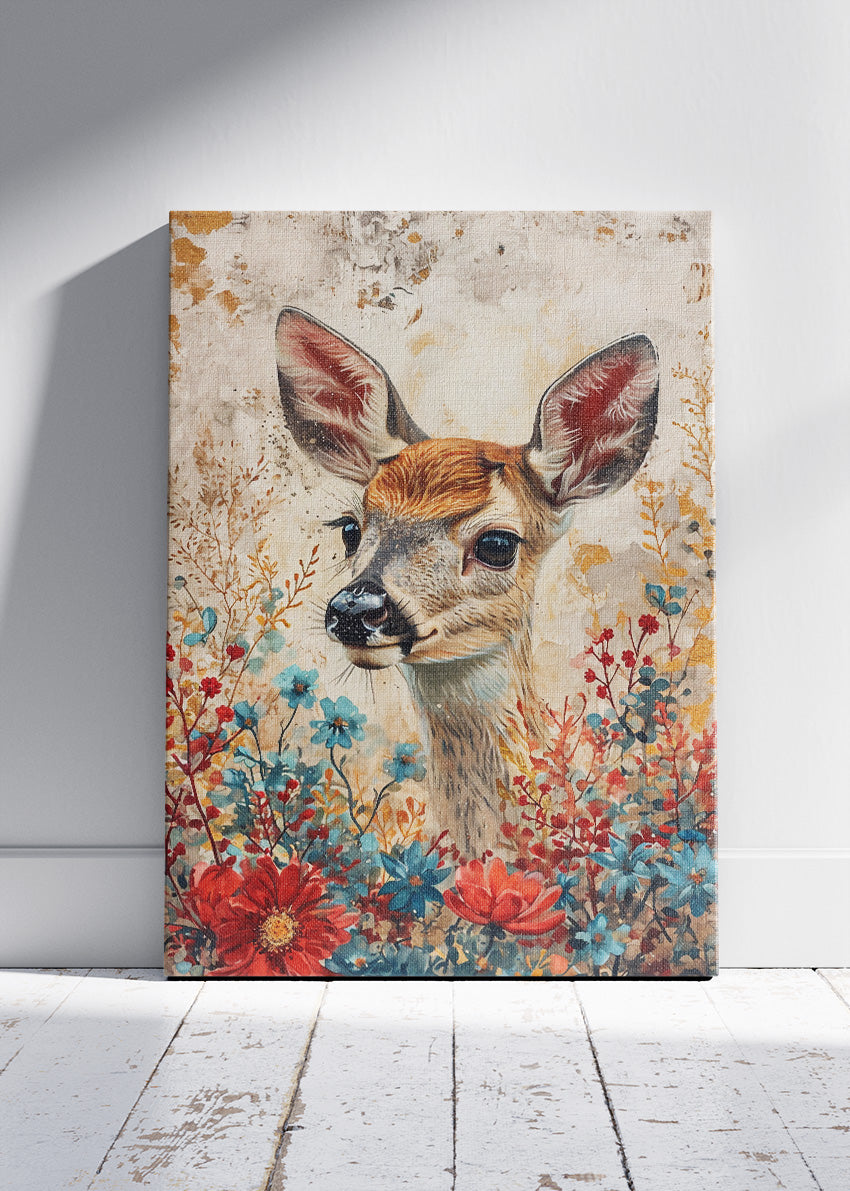 Floral Baby Deer Canvas Print & Poster – Gentle Wildlife Wall Art