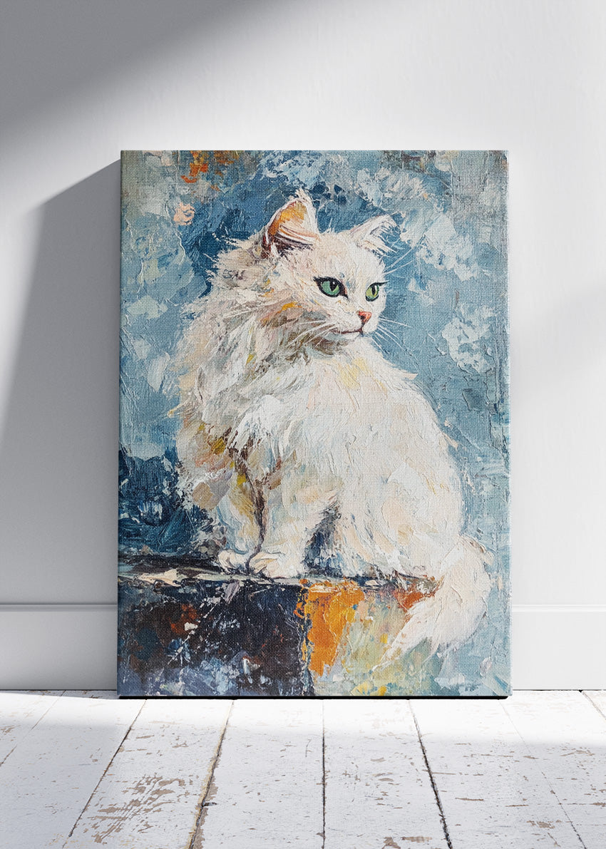 Elegant White Cat Poster & Canvas Print – Textured Oil Painting Art