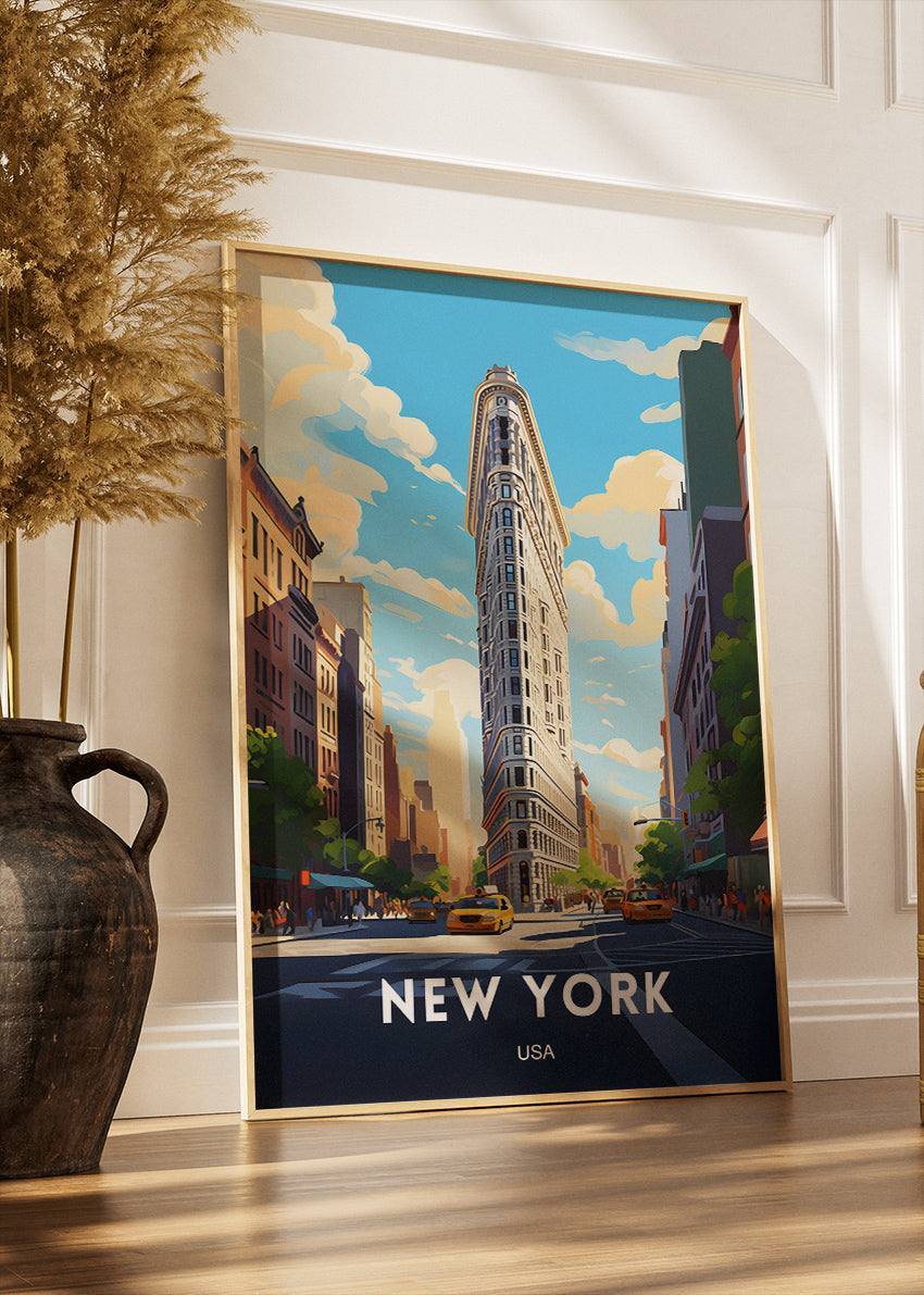 New York USA Poster & Canvas Print – Flatiron Building Cityscape Illustration