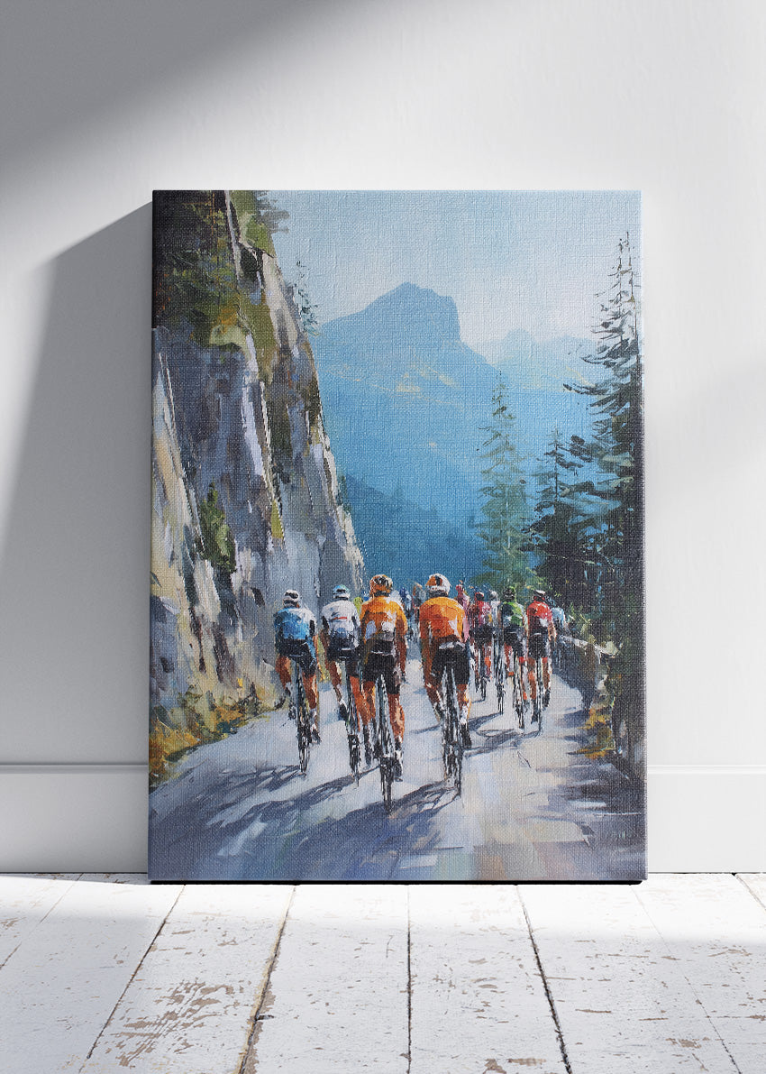 Alpine Mountain Peloton Cycling Art Print & Canvas – Scenic Climb Road Cycling Wall Art