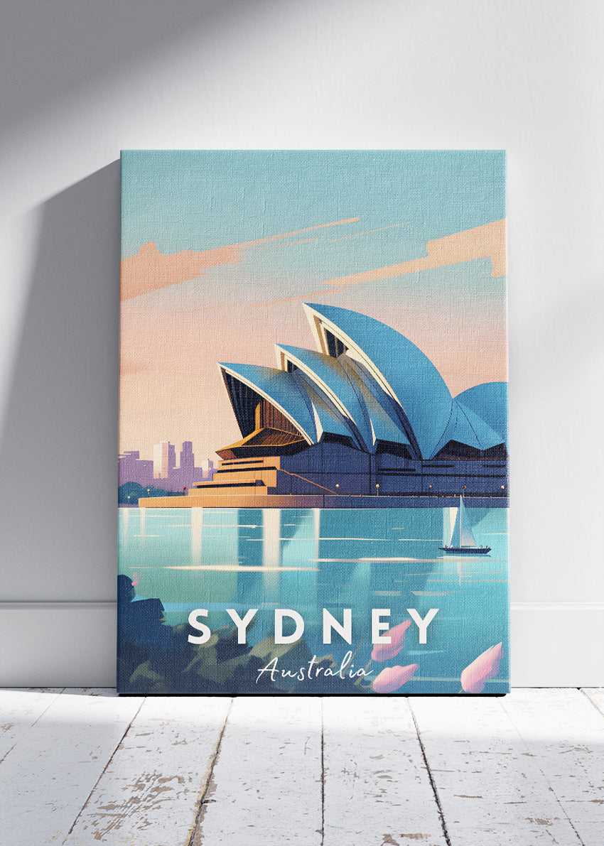 Sydney Australia Travel Poster & Canvas Wall Art – Modern Opera House Sunset Illustration Print