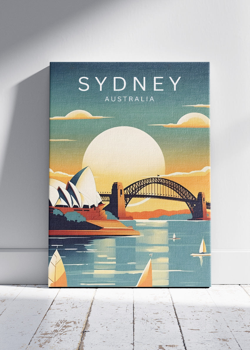 Sydney Australia Travel Poster & Canvas Wall Art – Harbour Bridge & Opera House Sunset Illustration Print