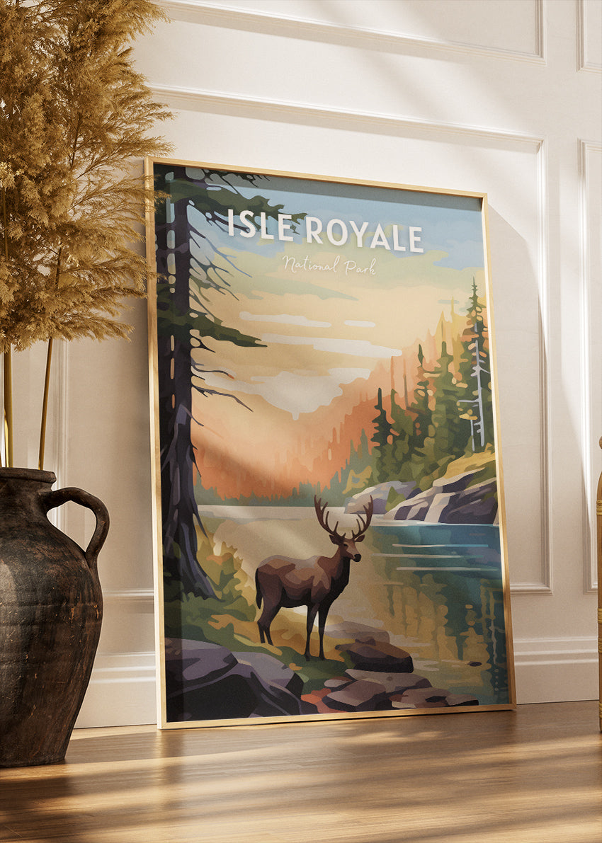 Isle Royale National Park Poster & Canvas Print – Moose by Lake Wilderness Landscape Wall Art