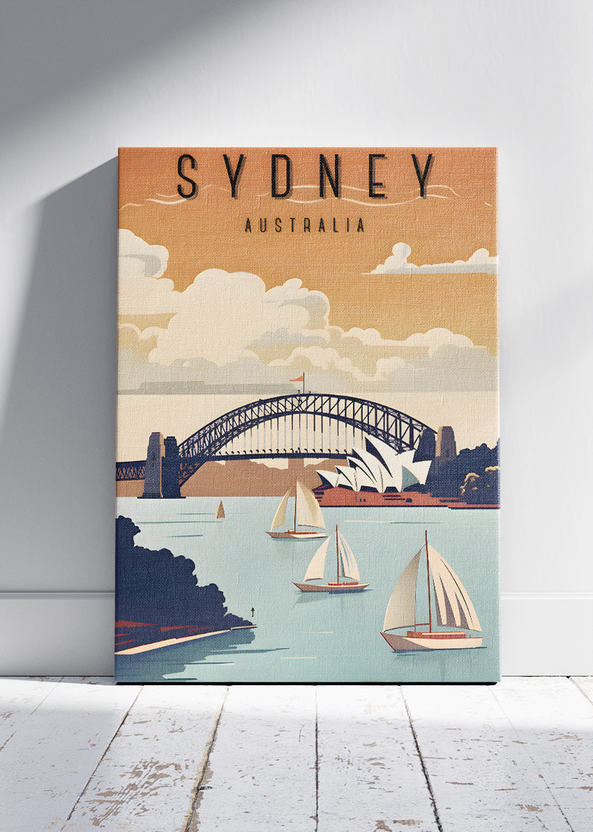 Sydney Australia Travel Poster & Canvas Wall Art – Harbour Bridge & Opera House Vintage Sailing Illustration