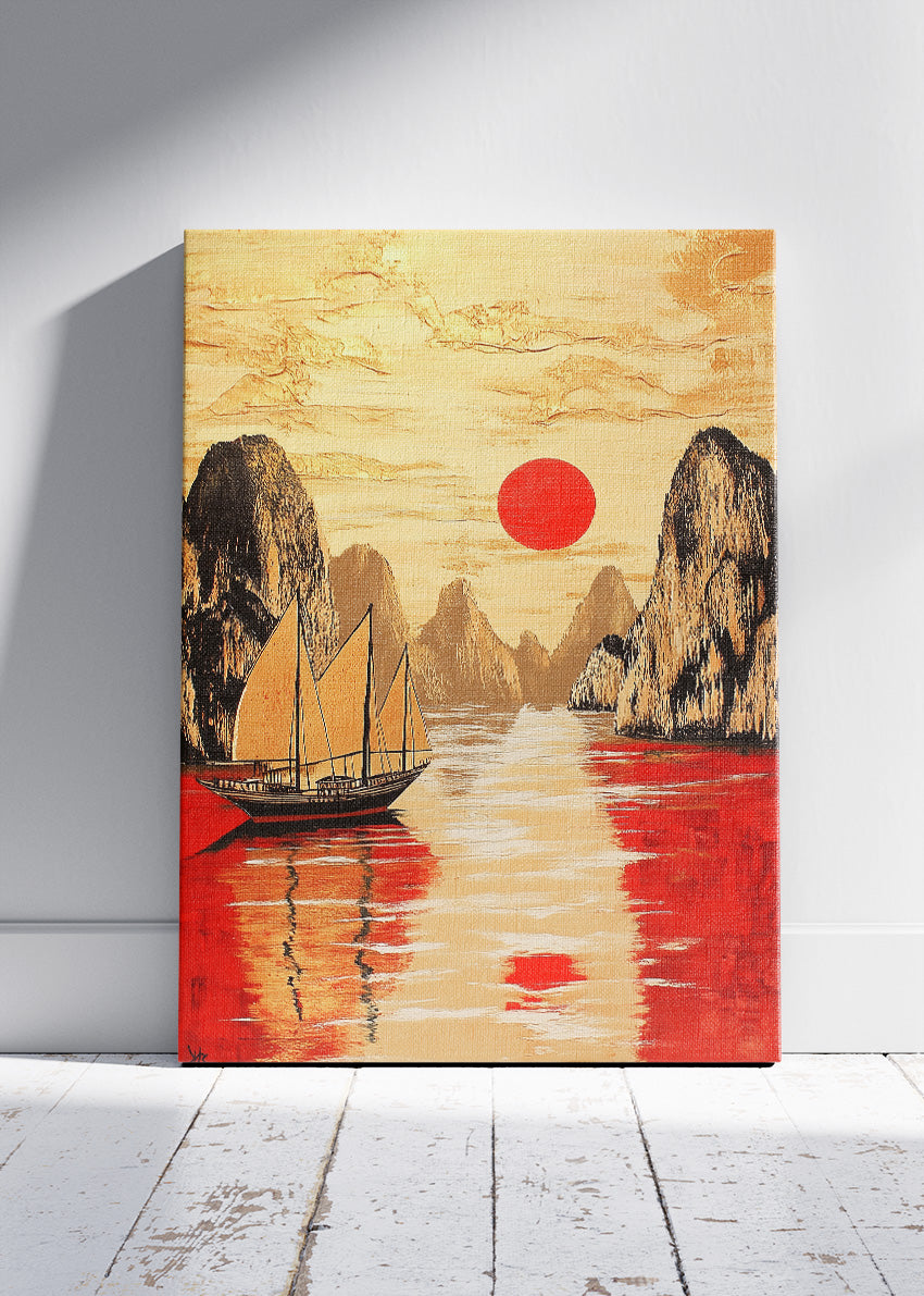Crimson Sun Harbour – Oriental Inspired Mountain & Sailboat Wall Art Poster & Canvas – AI PRINT LAB