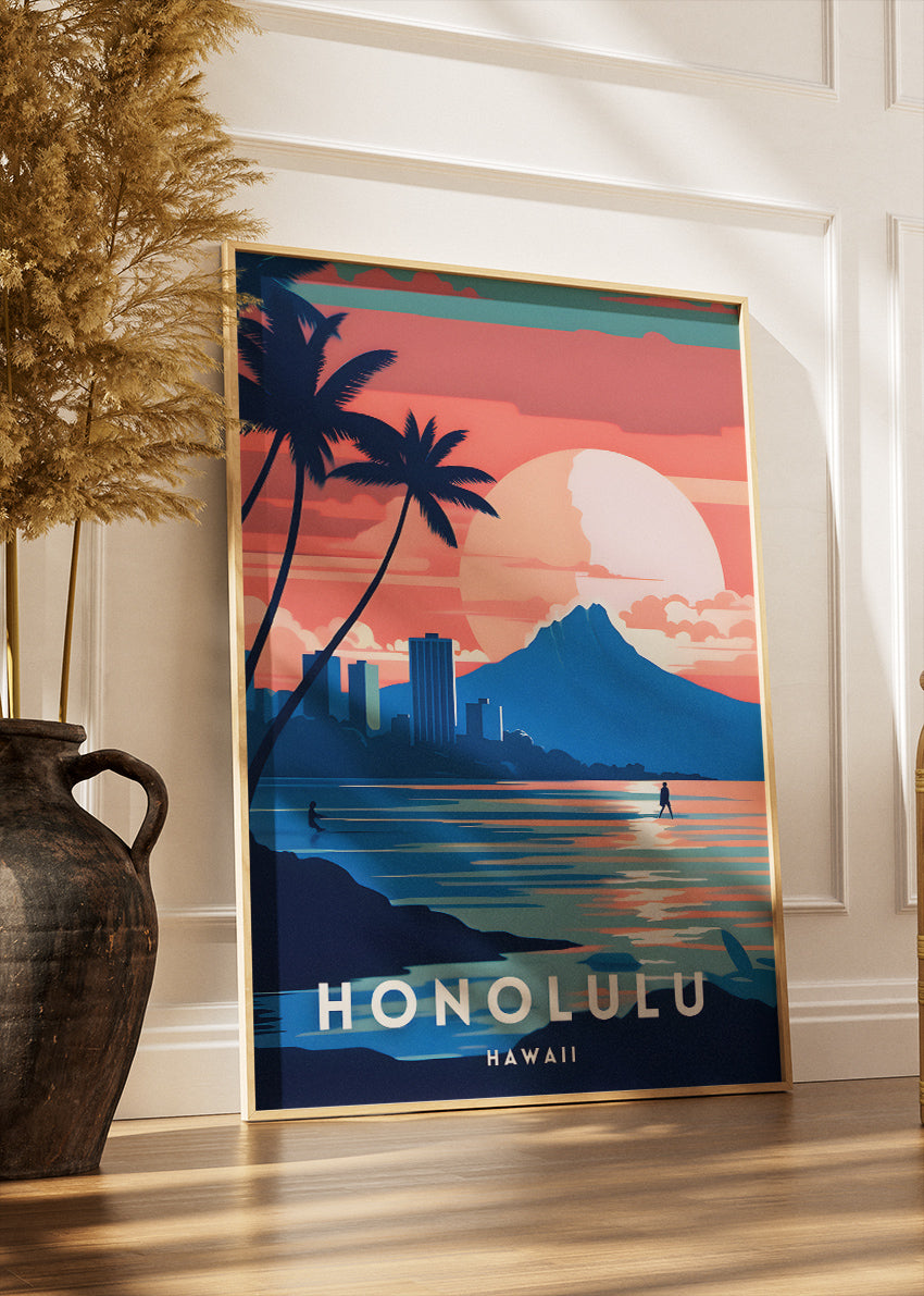 Honolulu Hawaii Poster & Canvas Print – Tropical Sunset Coastline Illustration