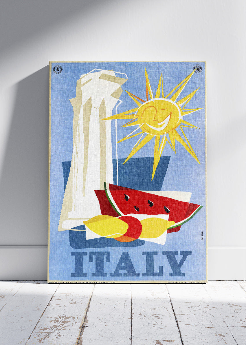 Italy Poster & Canvas Print – Vintage Abstract Travel Art (Fruit & Sun Design)