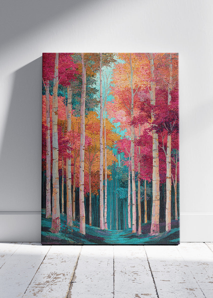 Vibrant Autumn Forest Wall Art – Colorful Birch Tree Canvas Print & Modern Nature Portrait Poster