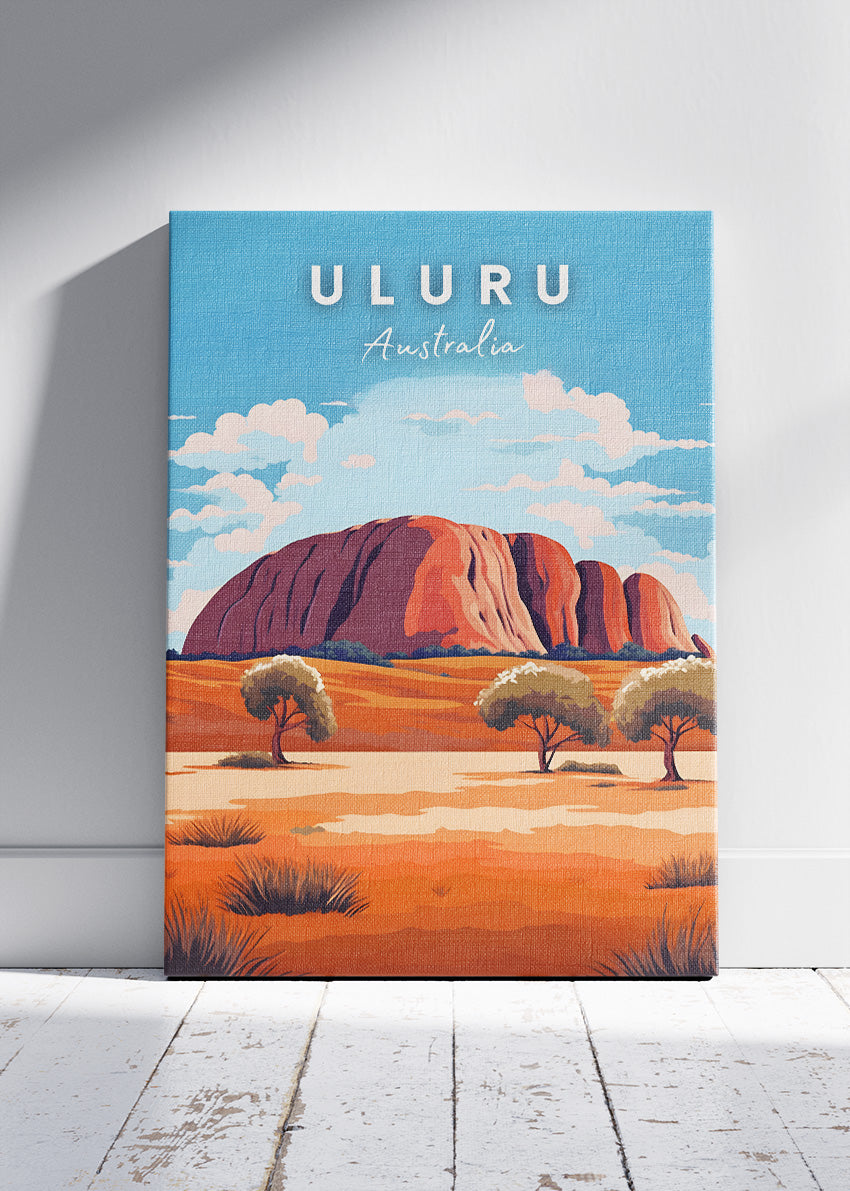 Uluru Australia Travel Poster & Canvas Wall Art – Red Desert Landscape Illustration