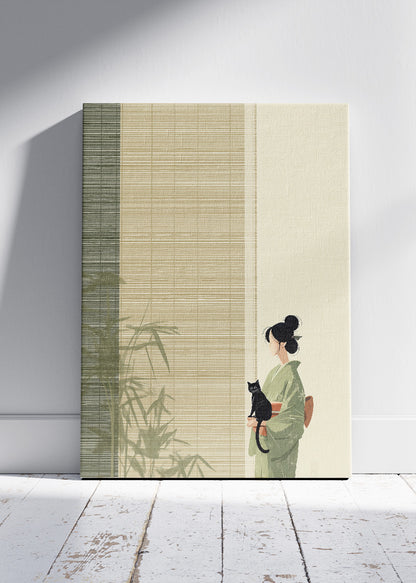 Japanese Minimalist Woman with Cat Wall Art – Zen Bamboo Canvas Print & Elegant Portrait Poster