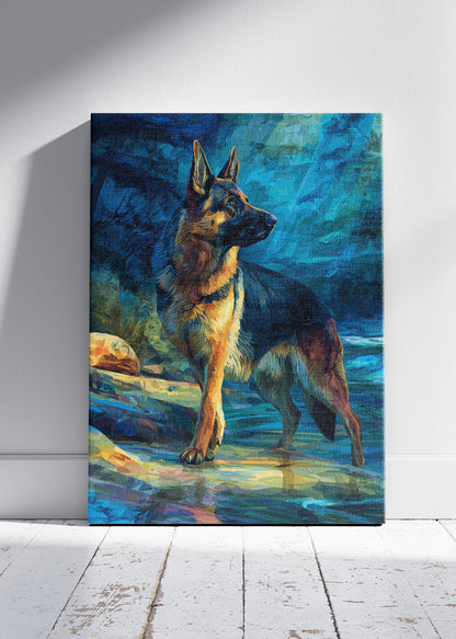 German Shepherd Poster & Canvas Print – Majestic Dog in Blue Wilderness Art