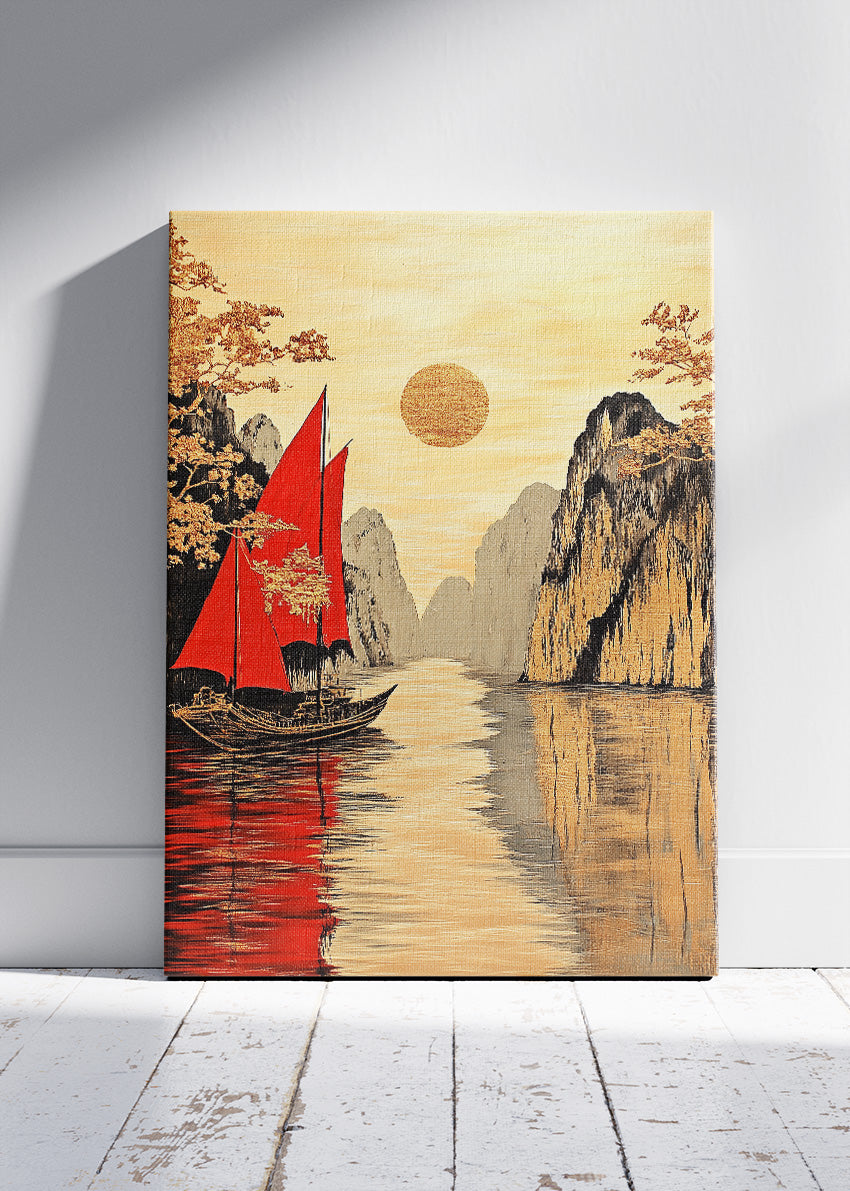 Golden Horizon with Crimson Sails – Oriental Inspired Mountain Harbour Wall Art – AI PRINT LAB